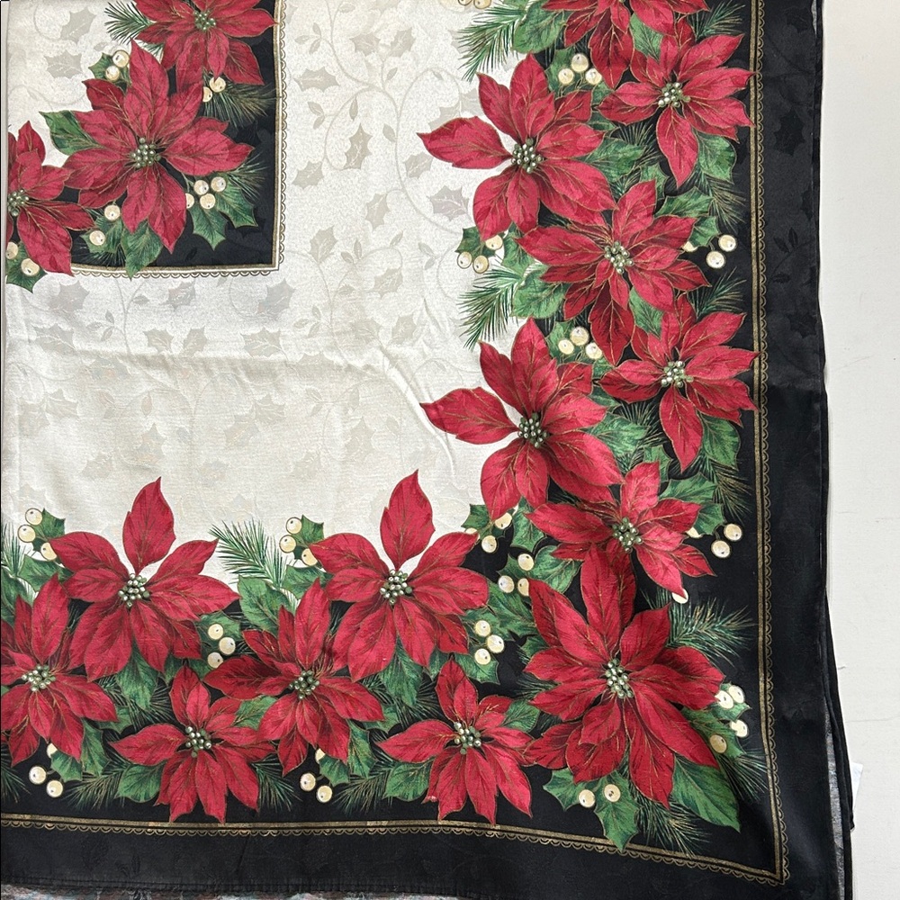Christmas Tablecloth Cream Red Green Black Damask Pattern Approx 58”x82”